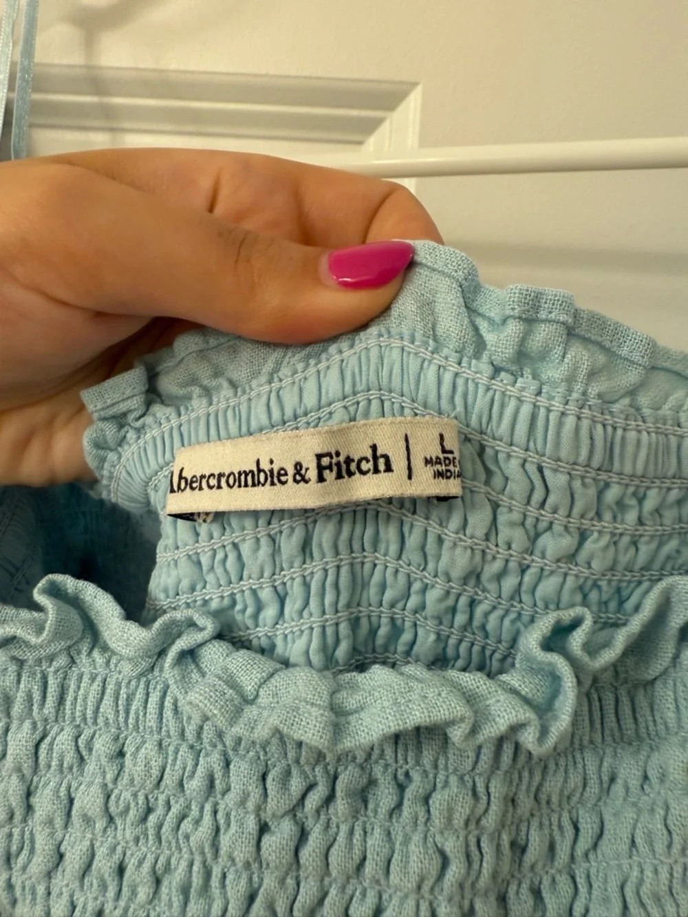 Abercrombie Smocked Bodice Linen-Blend Midi Dress Blue - Picture 4 of 5